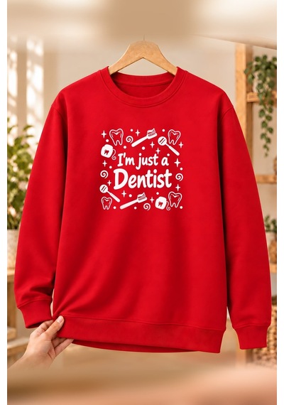Diş Hekimi Dentist Meslek Yazısı Baskılı Erkek Bisiklet Yaka Sweatshirt - Kırmızı
