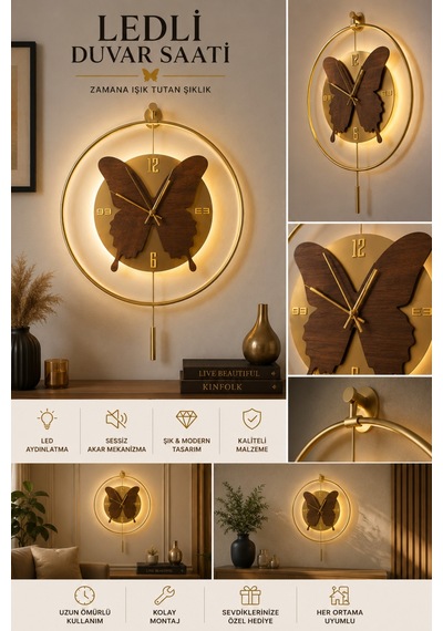 Tek Çember Tiktok Gold-ceviz - Kelebek - Pilli Ledli - Metal Duvar Saati