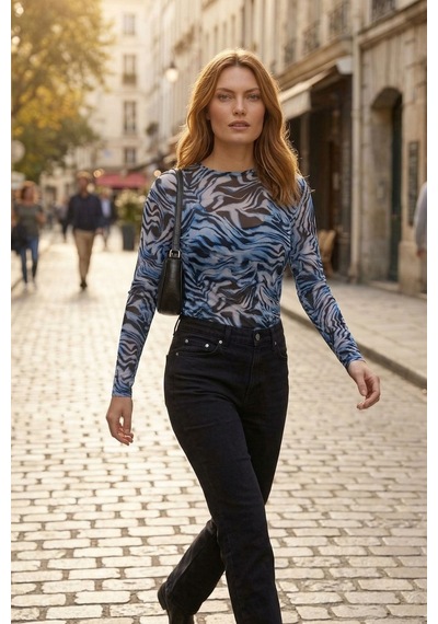 Kadın Mavi Leopar Desenli Transparan Bluz Tül Uzun Kollu Slim Fit Body