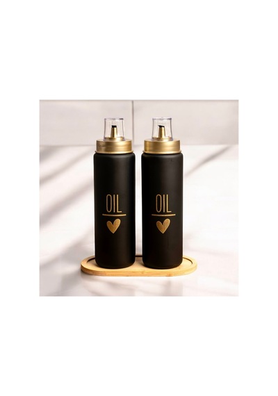Bambu Standlı 2 Li Damlatmaz Kapaklı Siyah Cam 550 Ml Oil Yağdanlık Yağlık Set Siyah 691500954 Siyah