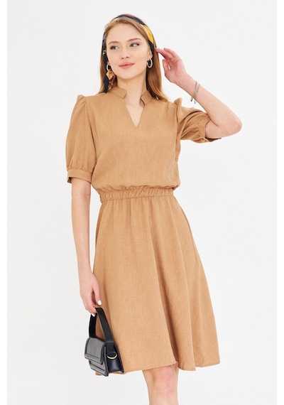 Armonika Kadın Camel V Yaka Beli Lastikli Kısa Kollu Kloş Elbise Arm-25y001001