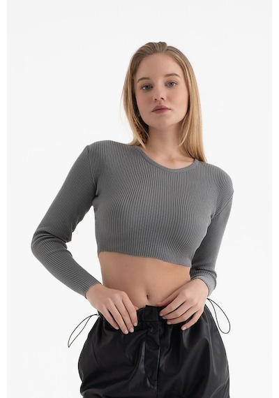 Hiccup Yuvarlak Yakalı Fitilli Örme Uzun Kollu Crop Top Koyu Gri