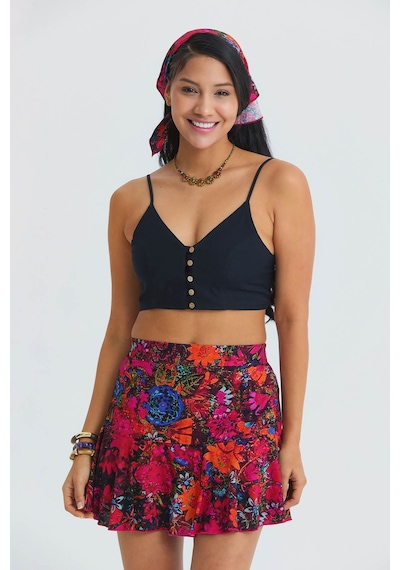 İnce Askılı Düğme Detaylı Crop Bluz Siyah
