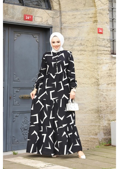 Hira Life Fashion Kadın Tesettür Mevsimlik Beli Kuşaklı Dokuma Viskon Elbise Siyah-beyaz Siyah-beyaz Hira Life Fashion Kadın Tesettür Mevsimlik Beli Kuşaklı Dokuma Viskon Elbise Siyah-beyaz Siyah-beyaz