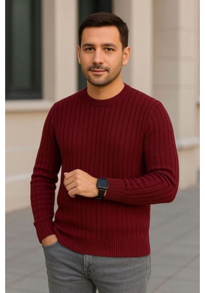 Butik İstanbul Erkek Bisiklet Yuvarlak Yaka Triko Kazak Pamuklu Kalın Fitilli Dokuma, Regular Fit Uzun Kollu Kışlık Model - Bordo