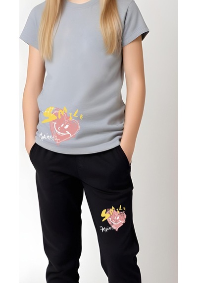 Panios Kids Smile Baskılı Kız Çocuk Tişört Ve Eşofman Alt-üst Takım Gri