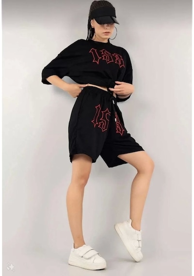 Tarzyeri Kadın Unisex Nakış İşlemeli Şort Takım - Siyah Siyah