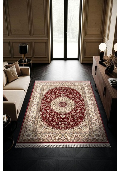 Cotto Home Fesane Fn001j Bordo Pamuk Taban Klasik Çerçeve Desenli Göbekli Salon Oturma Odası Halısı
