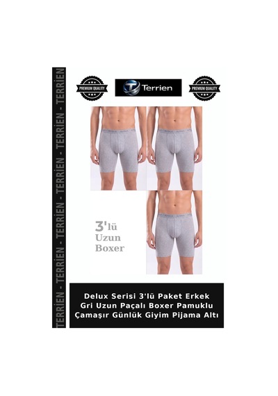 Terrien Delux Serisi 3'lü Paket Erkek Gri Uzun Paçalı Boxer Pamuklu Çamaşır Günlük Giyim Pijama Altı