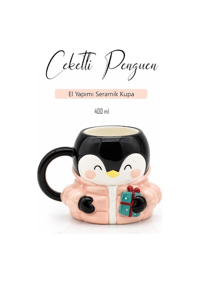 Penguen Figürlü Dolomite Kupa, Ceket Giyen Penguen, 400 Ml Mug Siyah - Beyaz
