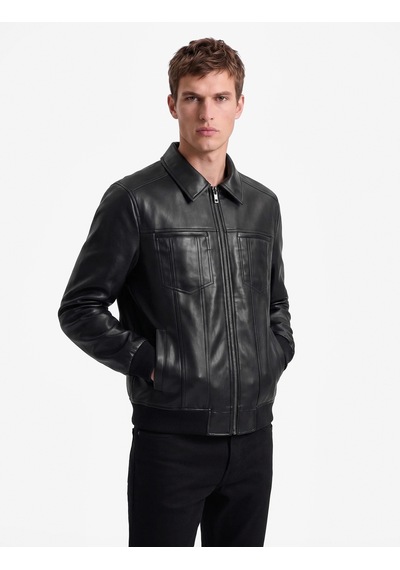 Koton Slim Fit Gömlek Yaka Fermuarlı Cepli Suni Deri Ceket Siyah 7wam20079hw