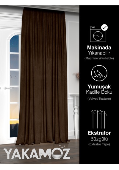 Yakamoz Kadife Görünüm Çikolata Kahvesi Ada Fon Perde Ekstraforlu Velvet Touch Serisi Çikolata Kahvesi
