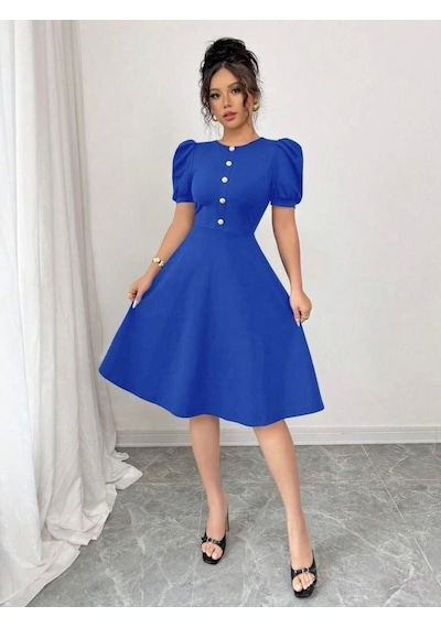 Defymoda Kadın Kısa Kollu Bisiklet Yaka Önden Düğmeli Ithal Krep Elbise Saks Mavi