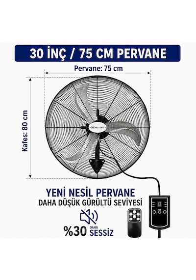 Muzeko Mzk750pro Plus 30 Inç Sanayi Tipi Kumandalı Duvar Tipi Vantilatör 210w 80cm %100 Bakır Motor Ev İçin Uygun Değildir