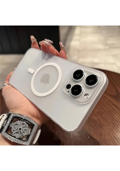 Apple Uyumlu iPhone 15 Pro Kılıf Magsafe Ve Şeffaf Lens Koruyuculu Gri