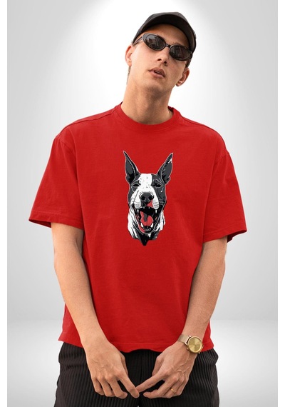 Doberman Kırmızı Dil Siyah Dik Kulak Pamuklu Bisiklet Yaka Unisex Oversize Boyfriend Dijital Baskılı Kırmızı T-shirt Kırmızı