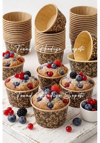 Trend Hediye Sepeti 50 Adet Kahverengi Desenli Cupcake Kapsülü Muffin Kek Kalıbı , Airfryer Uyumlu