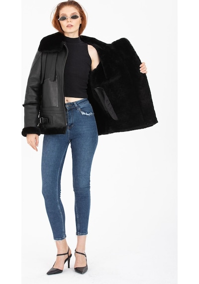 M M Marki Marki Kadın Siyah Vintage Deri Mont, Siyah Kürklü, Balıkçı Yaka, Oversize Model - 105222