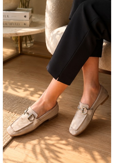 Kadın Loafer Makosen Metal Tokalı Nubuk Günlük Ayakkabı Bej