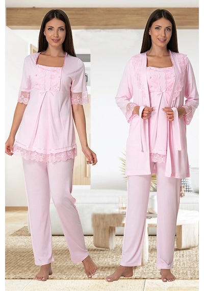 Effortt Dvina Lohusa Hamile Sabahlıklı Dantel Detaylı Ve Kısa Kollu Pijama Takımı -3'lü Set- Pembe Pembe Effortt Dvina Lohusa Hamile Sabahlıklı Dantel Detaylı Ve Kısa Kollu Pijama Takımı -3'lü Set- Pembe Pembe
