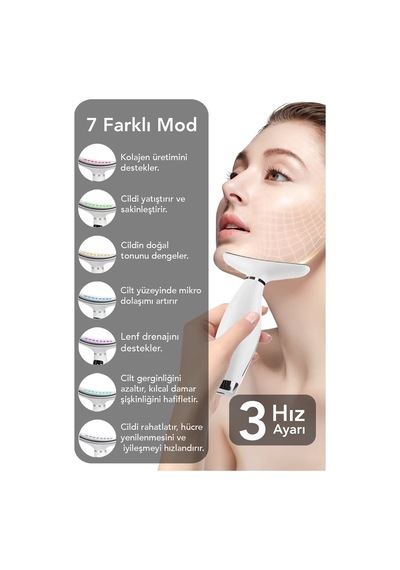 Boyun Ve Yüz Masaj Cihazı - 7 Modlu Led Işıklı Titreşimli Gıdık Sarkma Kırışıklık Güzellik Cihazı Beyaz