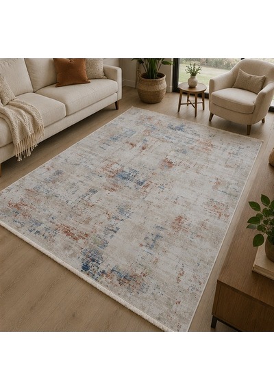 Otantik Modern Eskitme Saçaklı Salon Halısı Krem Antrasit Kiremit 200x290 Cm 1