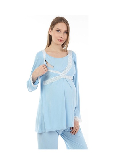 Luvmabelly Myra9707 Dantelli Emzirme Hamile Pijama Takımı -mavi-mavi