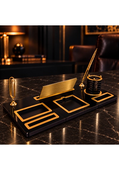 Ofis Prestij Regent Kişiye Özel Altın Detaylı Masa İsimliği Ve Organizer Seti Siyah - Gold