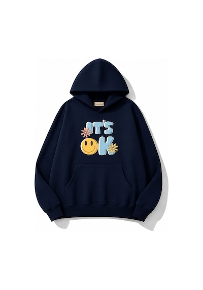 Herkesemoda İt's Ok Baskılı Kapüşonlu 2 İplik Şardonlu Sweatshirt Lacivert