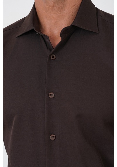 Slim Fit Pamuk Saten Klasik Kahverengi Gömlek Gk 604