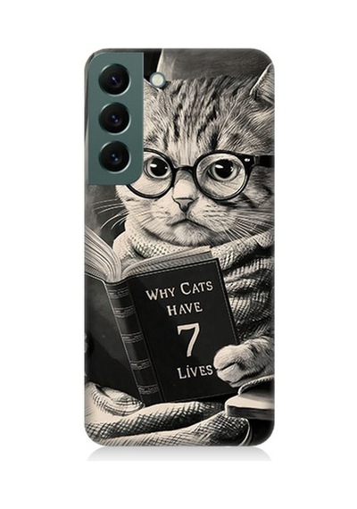 Samsung Galaxy S22 Uyumlu Kitap Okuyan Kedi Desenli Silikon Kılıf