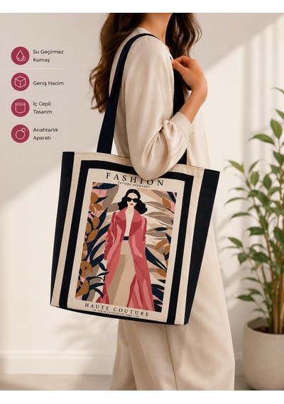 Patch&soul Patchwork Pano Desenli Tote Çanta Bej - Lacivert