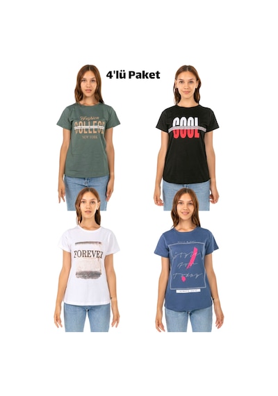 Kadın Penye Baskılı 4'lü Paket T-shirt Çok Renkli