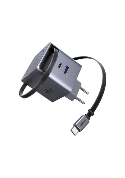 65w Makaralı Dahili Kablolu Gan Hızlı Şarj Cihazı, 2xusb-c, 1xusb-a, Gri, 65825