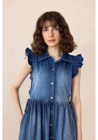 Olcay Fır Fır Detaylı Kolsuz Denim Elbise Mavi 9296-e