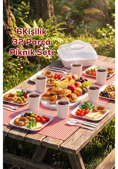 Porsima 0039-2 Karizma 32 Parça 6 Kişilik Pratik Taşınabilir Piknik Seti - Saklama Kutulu Piknik Sepeti Beyaz