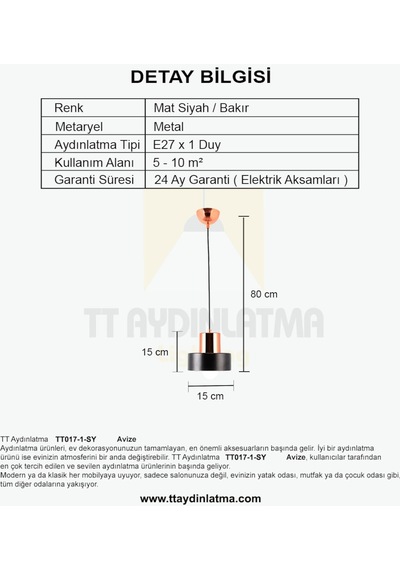 Tt017-1-Sy Tt Aydınlatma Tekli Siyah Avize