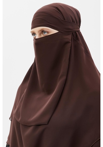 Altobeh Hazır Pratik Şifon Üç Katlı Peçeli Üçgen Hac Umre Şalı Sufle Hijab Nikap Kahve Rengi