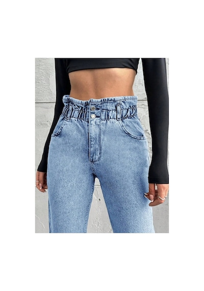 Kene Jeans Yüksek Bel Taş Yıkama Çift Düğme Kemer Büzgülü Mom Jeans Taş Yıkama