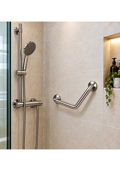 Yaşlı Ve Bedensel Engelli Açılı Tutunma Barı Paslanmaz Çelik 32 Mm Çap Gümüş