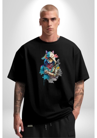 Kedi Assassin's Creed Pamuklu Bisiklet Yaka Unisex Oversize Boyfriend Dijital Baskılı Siyah T-shirt Siyah