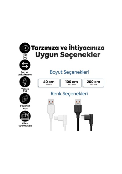 Usb To Type-c İle Uyumlu İphone Ve Samsung İle Uyumlu Hızlı Şarj Ve Data Kablosu 100 Cm L Tipi Gaming Siyah