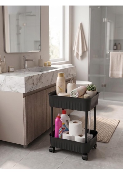 2 Katlı Tekerlekli Organizer Sepet, 28x17 Cm, Beyaz/antrasit Gri, Banyo Ve Mutfak Organizeri Antrasit Açık Siyah