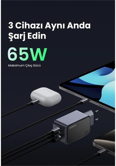 Ugreen Nexode Air 65w Gan Hızlı Şarj Cihazı Usb-c Qc Pd 2xusb-c, 1xusb-a, Gri, 35042
