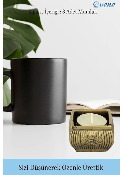 Mumluk Şamdan 3 Adet Tealight Uyumlu Üçlü Mini Çizgili Çiçekli Model - Altın Eskitme