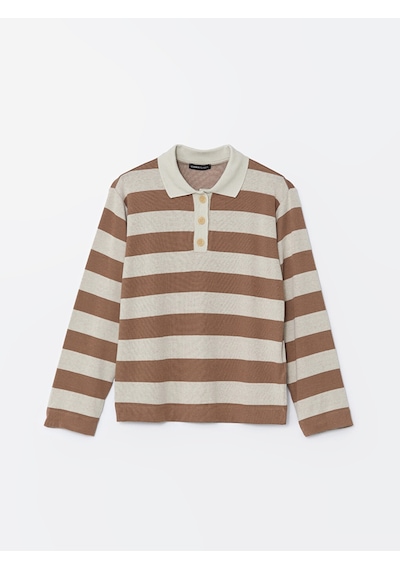Lcwaıkıkı Classic Kahverengi Polo Yaka Çizgili Kadın Tişört