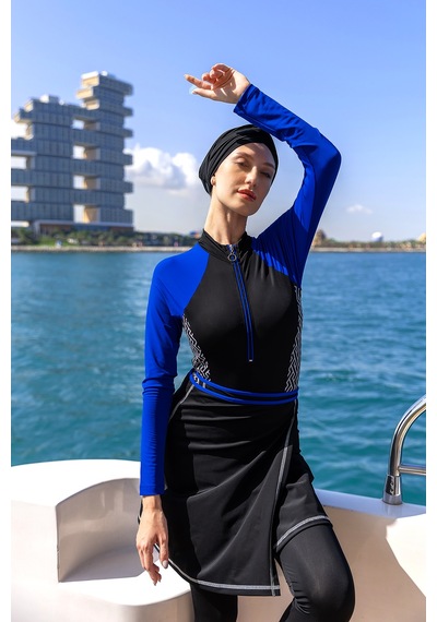 3 Farklı Şekilde Giyilebilir Likralı Etekli Tesettür Mayo R125 Collar Siyah