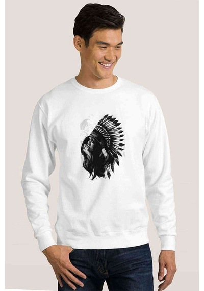 Kızılderili Kız Baskılı Beyaz Erkek Örme Sweatshirt (530952654)