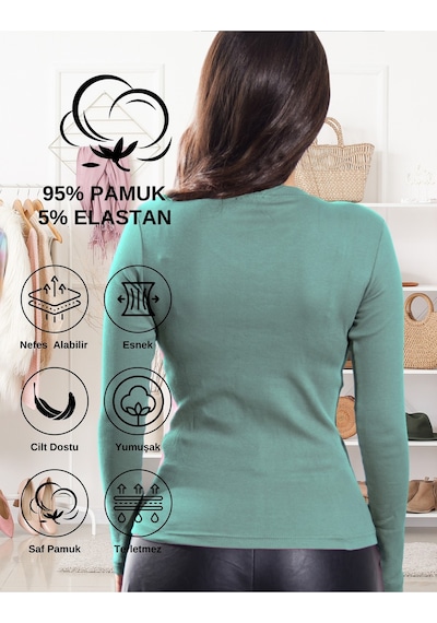 Alya Underwear Pamuklu Kaşkorse V Yaka Body Sweatshirt, Fitilli Kumaş Likralı Bluz, Asker Yeşili Badi Okaliptus