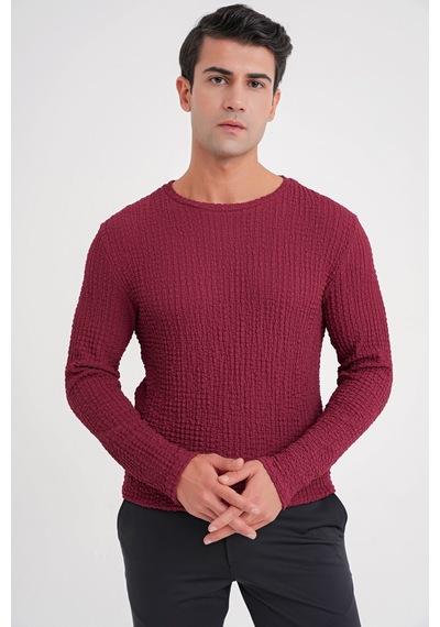 Efor Slim Fit Esnek Pamuklu Dokulu Kumaş Uzun Kollu Bordo Tişört Ts 934